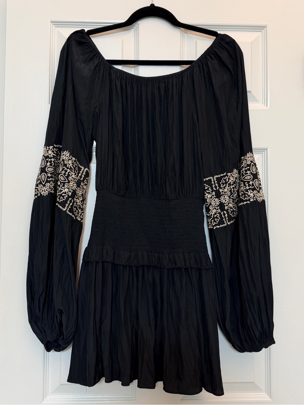 Ramy Brook Black Long-Sleeve Peasant Dress with Ivory Embroidery